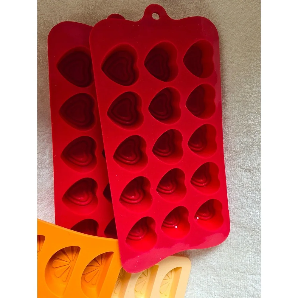 Silicone Candy Ice Mold Set 4pc Red Hearts Orange Yellow Citrus Fruit Slices